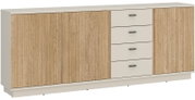 Modernes Sideboard mit Holzoptik und weißen Schubladen, seitliche Perspektive