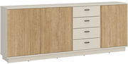 Modernes Sideboard mit Holzoptik und weißen Schubladen, seitliche Perspektive