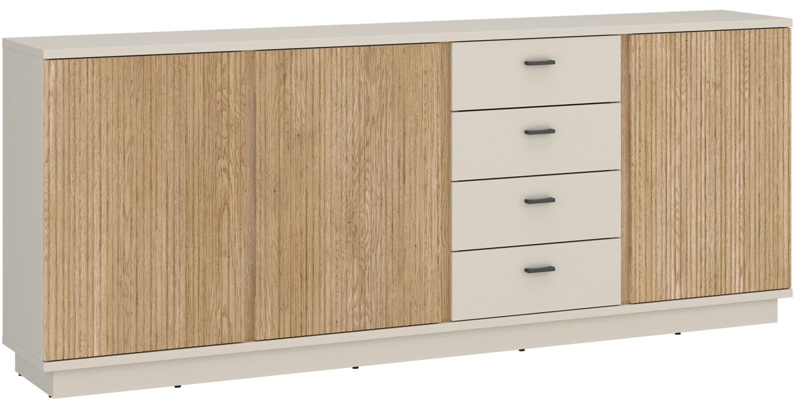 Modernes Sideboard mit Holzoptik und weißen Schubladen, seitliche Perspektive