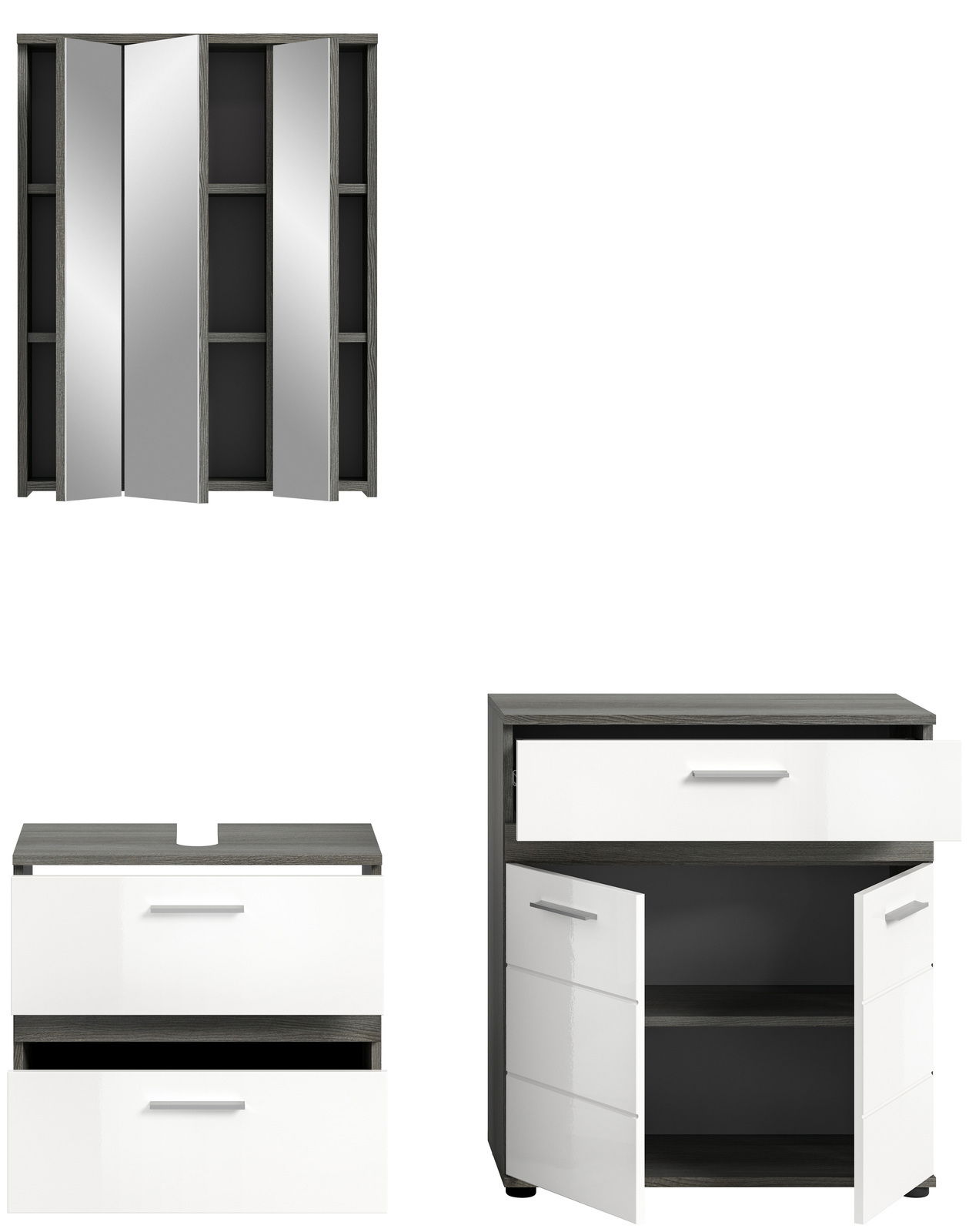 Badezimmermöbel-Set bestehend aus einem Spiegelschrank mit drei Türen, einem Waschtischunterschrank mit zwei Schubladen und einem Hochschrank mit Schublade und Doppeltür, Perspektive von vorne.