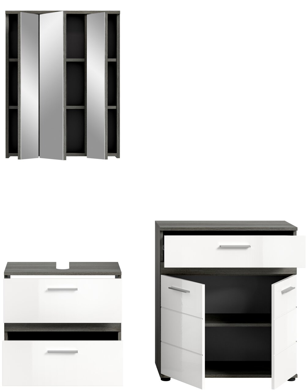 Badezimmermöbel-Set bestehend aus einem Spiegelschrank mit drei Türen, einem Waschtischunterschrank mit zwei Schubladen und einem Hochschrank mit Schublade und Doppeltür, Perspektive von vorne.