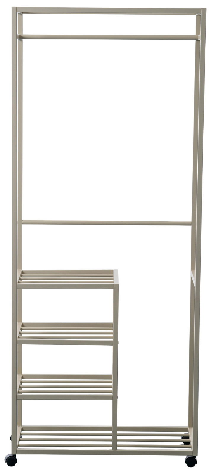 Metallischer Garderobenwagen mit mehreren Regalböden und Rollen, seitliche Perspektive.