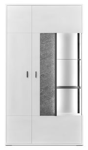 Moderne Vitrine in Weiß mit Glaseinsatz und grauer Struktur, Frontalansicht