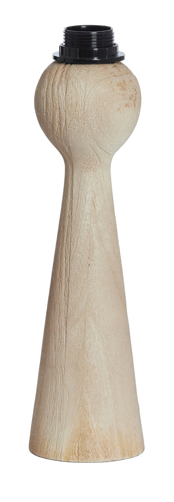 Holzfarbener Lampenfuß in konischer Form, frontal fotografiert.
