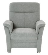 Grauer Sessel mit gepolsterten Armlehnen und Metallfüßen, Frontalansicht