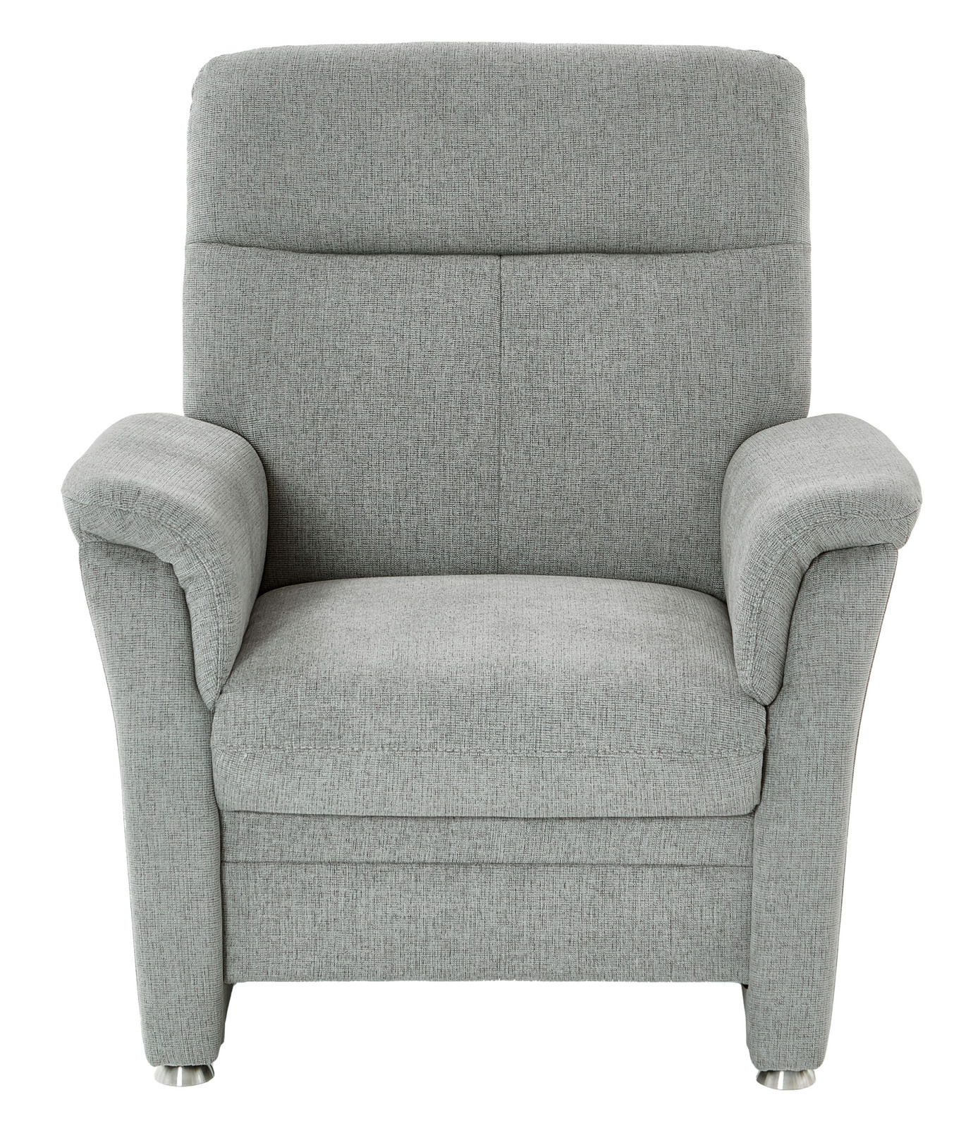 Grauer Sessel mit gepolsterten Armlehnen und Metallfüßen, Frontalansicht