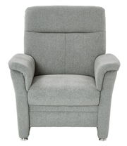 Grauer Sessel mit gepolsterten Armlehnen und Metallfüßen, Frontalansicht