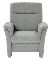 Grijze fauteuil met gestoffeerde armleuningen en metalen poten, vooraanzicht