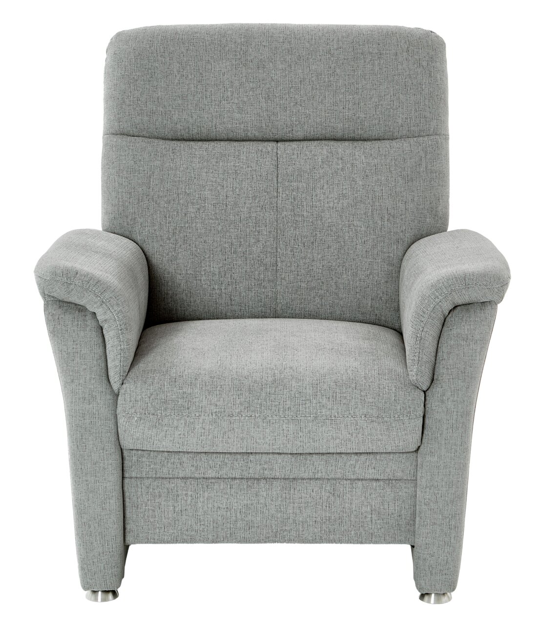 Grijze fauteuil met gestoffeerde armleuningen en metalen poten, vooraanzicht