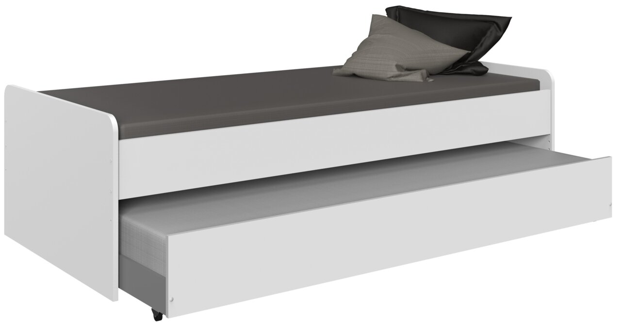 XORA Ausziehliege MULTIRAUMKONZEPT Weiße Ausziehliege mit grauer Matratze und Kissen, seitliche Perspektive