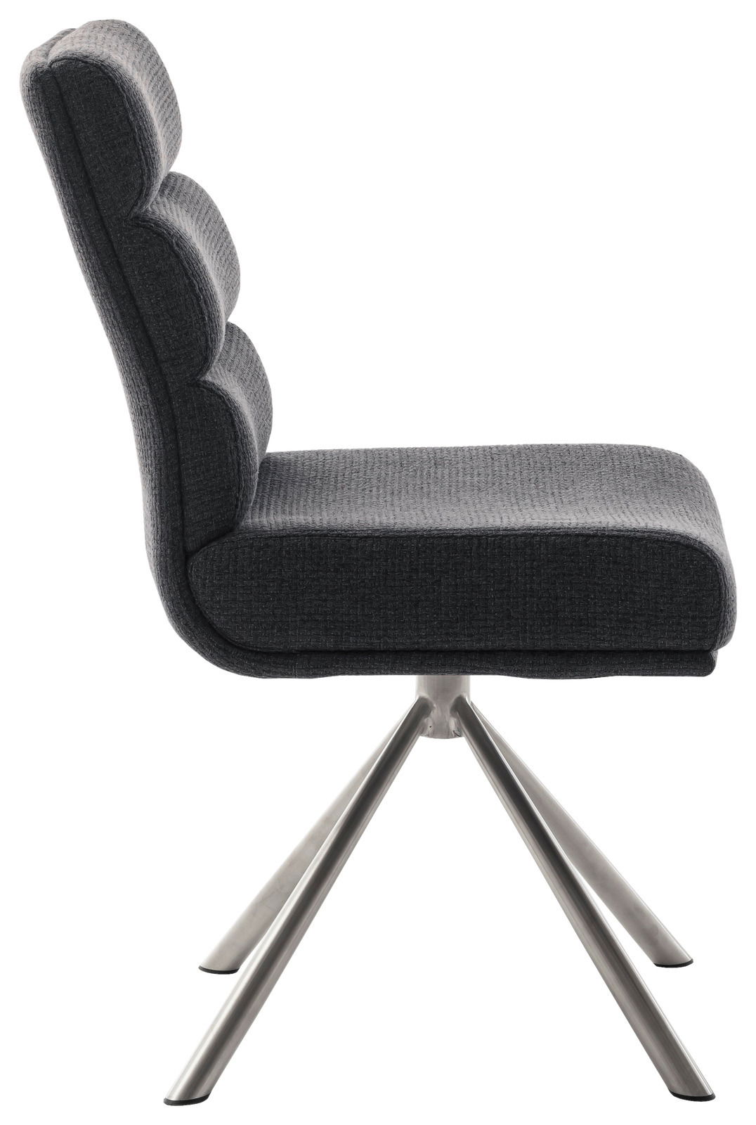 Seitenansicht eines modernen grauen Stuhls mit gepolsterter Rückenlehne und Metallbeinen.