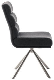 Seitenansicht eines modernen grauen Stuhls mit gepolsterter Rückenlehne und Metallbeinen.