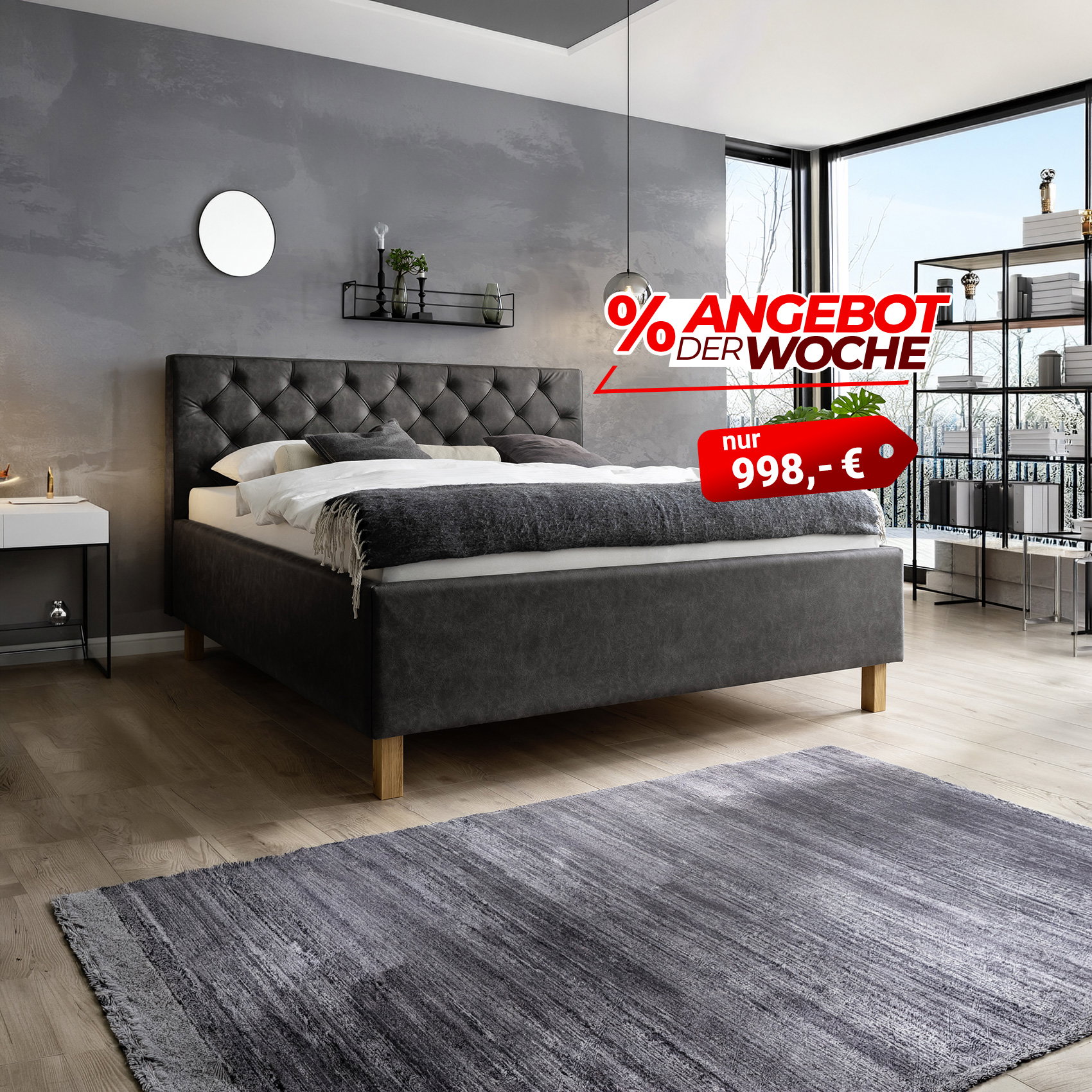 Modernes Boxspringbett in Anthrazit mit Chesterfield-Kopfteil – Angebot der Woche für 998 €