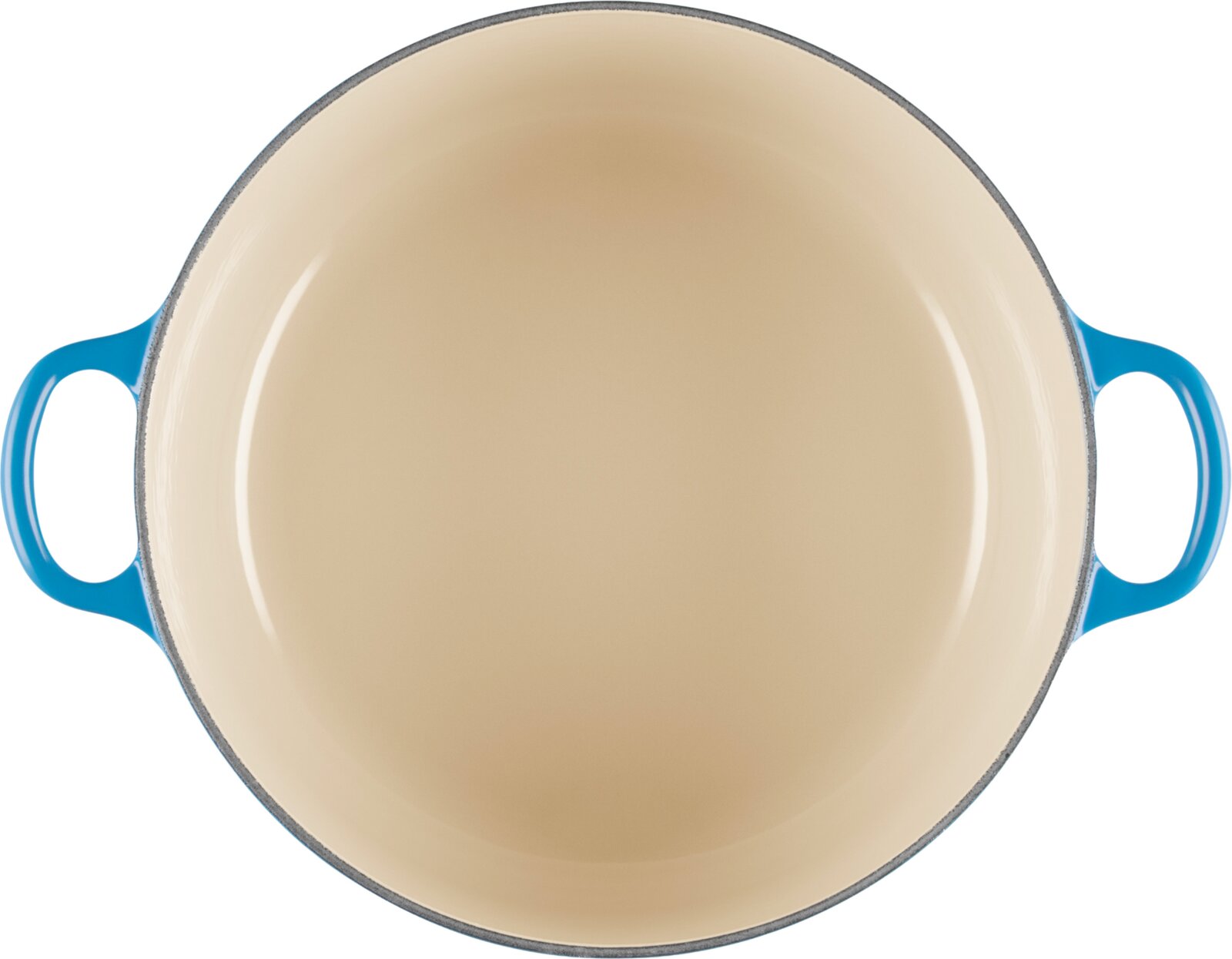 Ronde braadpan met crèmekleurige binnenkant en blauwe handgrepen, van bovenaf gezien