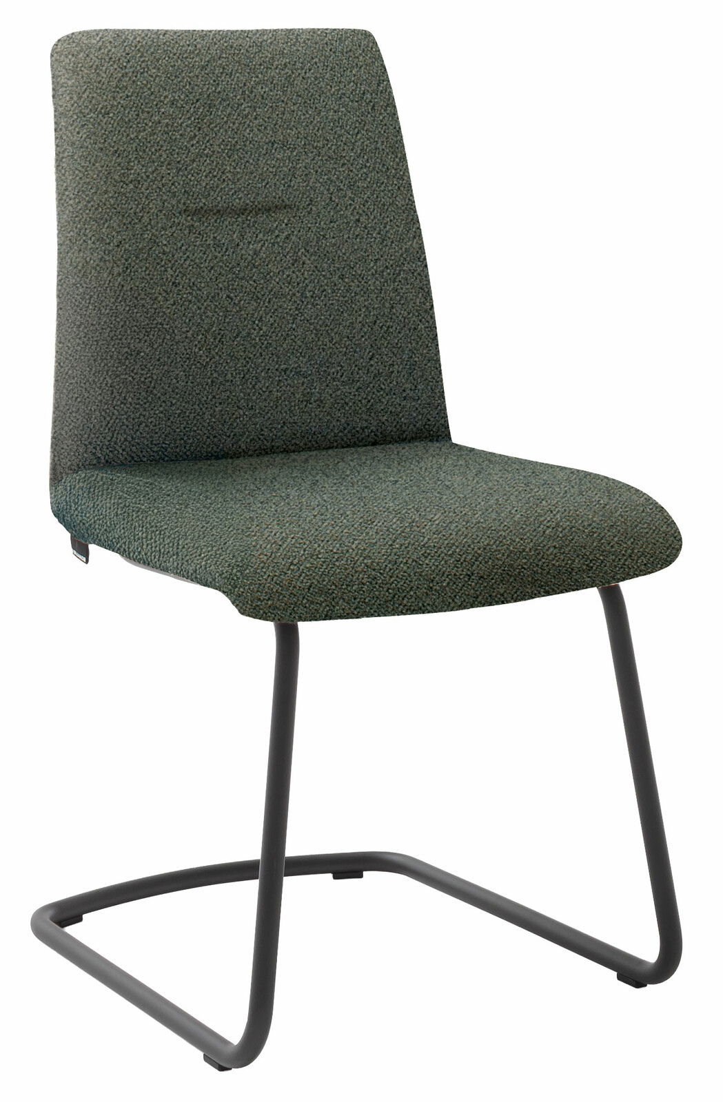 Moderner Stuhl mit grauem Stoffbezug und schwarzem Metallgestell, seitliche Perspektive