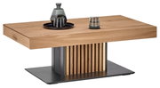Moderner Couchtisch aus Holz mit dekorativen Lamellen und Metallfuß, seitliche Perspektive