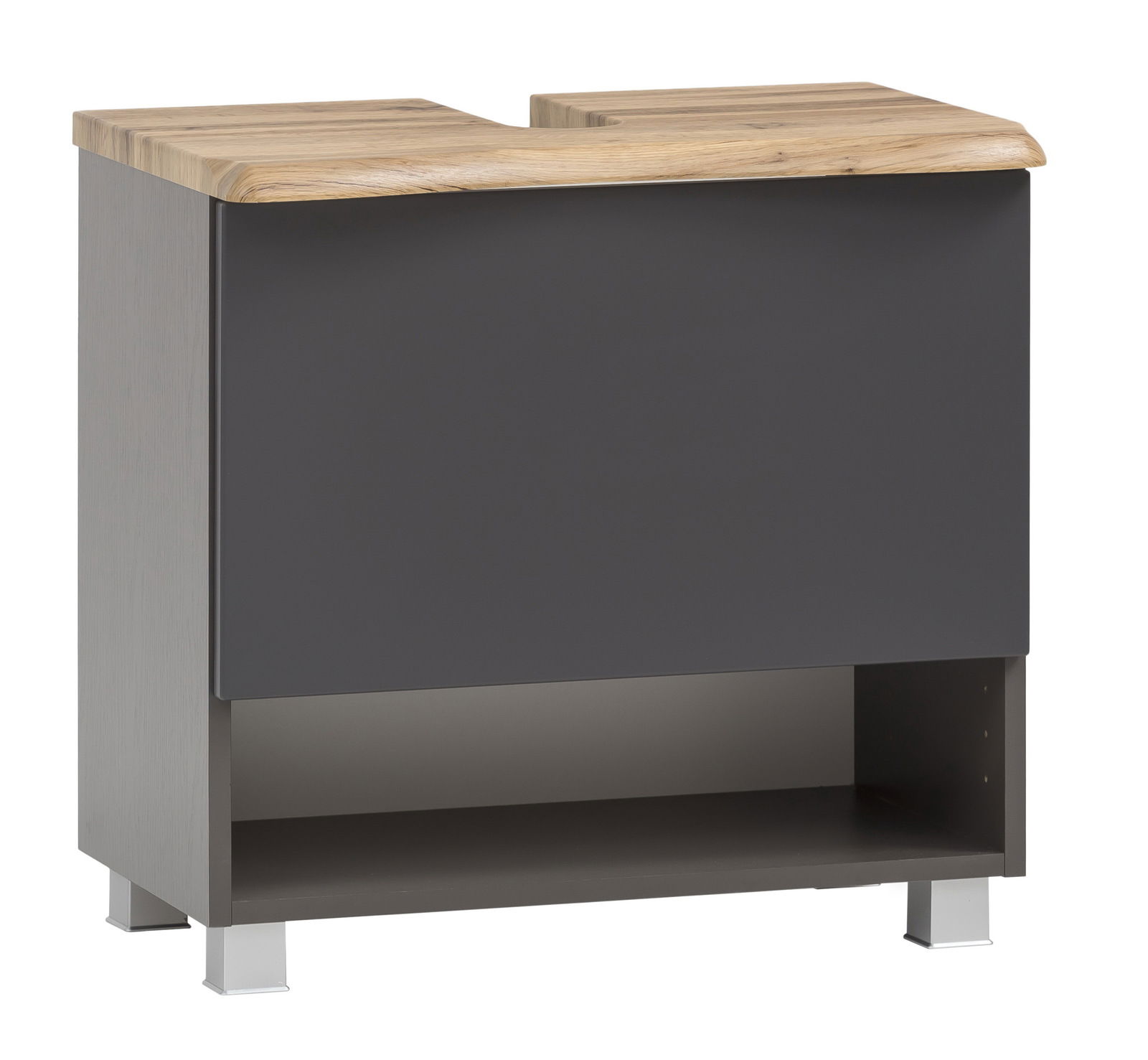 Moderner Waschbeckenunterschrank mit dunkler Front und Holzoberfläche, frontal betrachtet.