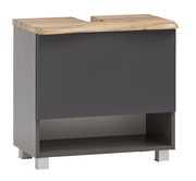 Moderner Waschbeckenunterschrank mit dunkler Front und Holzoberfläche, frontal betrachtet.