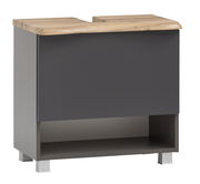 Moderner Waschbeckenunterschrank mit dunkler Front und Holzoberfläche, frontal betrachtet.