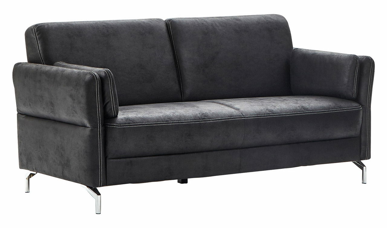 Zweiersofa in dunklem Stoff mit Metallfüßen, seitliche Perspektive