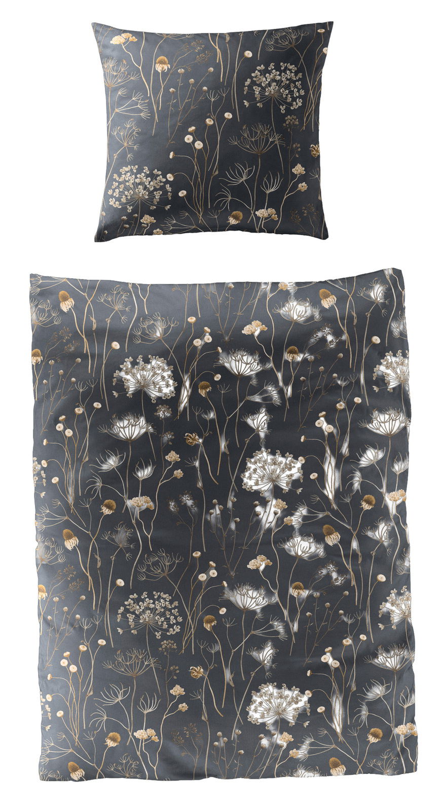 Bettwäsche-Set mit floralem Muster in dunklen Tönen, bestehend aus einem Kissenbezug und einem Bettdeckenbezug, aus der Vogelperspektive fotografiert.