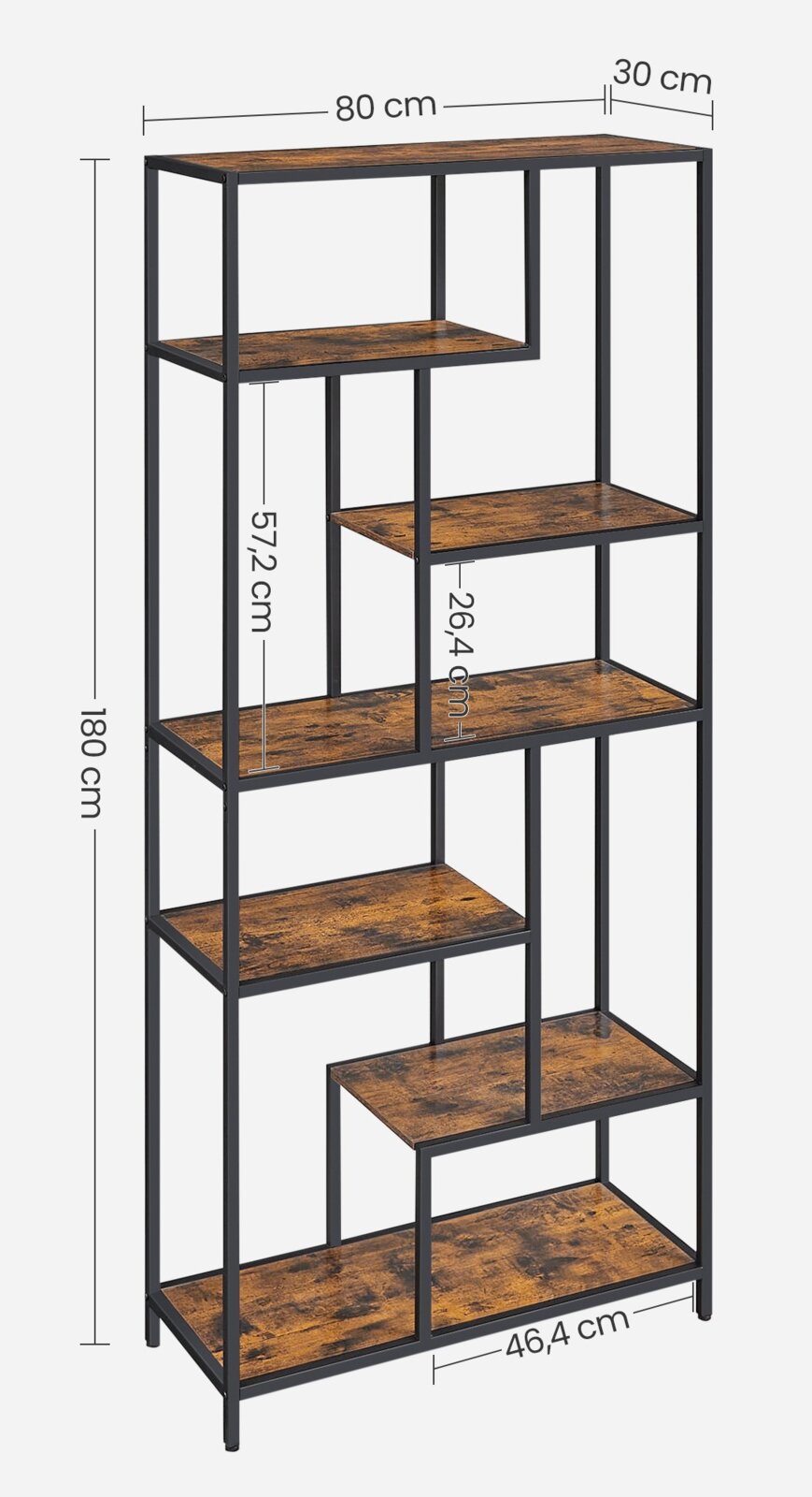 Industrial-Standregal mit schwarzem Metallrahmen und braunen Holzoptik-Böden, Maße ca. 180 x 80 x 30 cm, Frontansicht mit leicht schräger Perspektive und Maßangaben