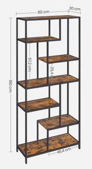 Industrial-Standregal mit schwarzem Metallrahmen und braunen Holzoptik-Böden, Maße ca. 180 x 80 x 30 cm, Frontansicht mit leicht schräger Perspektive und Maßangaben