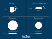 Grafik eines 24-teiligen Kombiservice-Sets mit Becher, Pasta-/Suppenbowl, Speiseteller und Dessertteller, von oben betrachtet.