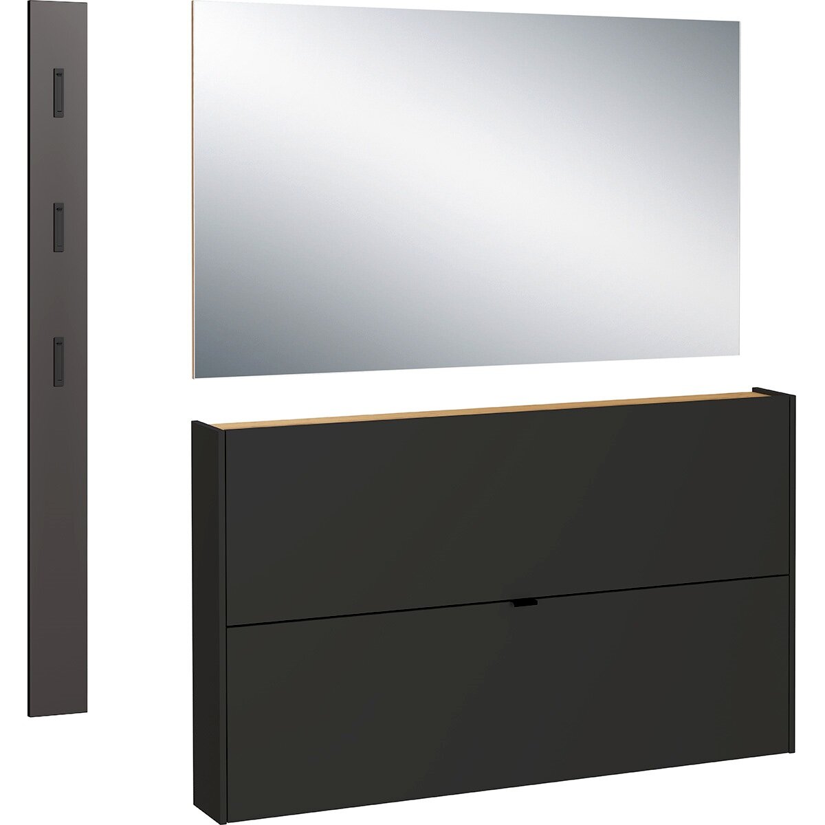 Garderobe Set 6 in moderner Perspektive mit großem rechteckigem Spiegel, schwarzem Schuhschrank und schmaler Wandgarderobe mit Haken.