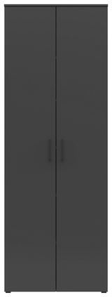 Frontansicht eines schwarzen Mehrzweckschranks mit zwei Türen und schlichten Griffen.