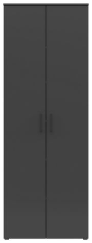 Frontansicht eines schwarzen Mehrzweckschranks mit zwei Türen und schlichten Griffen.