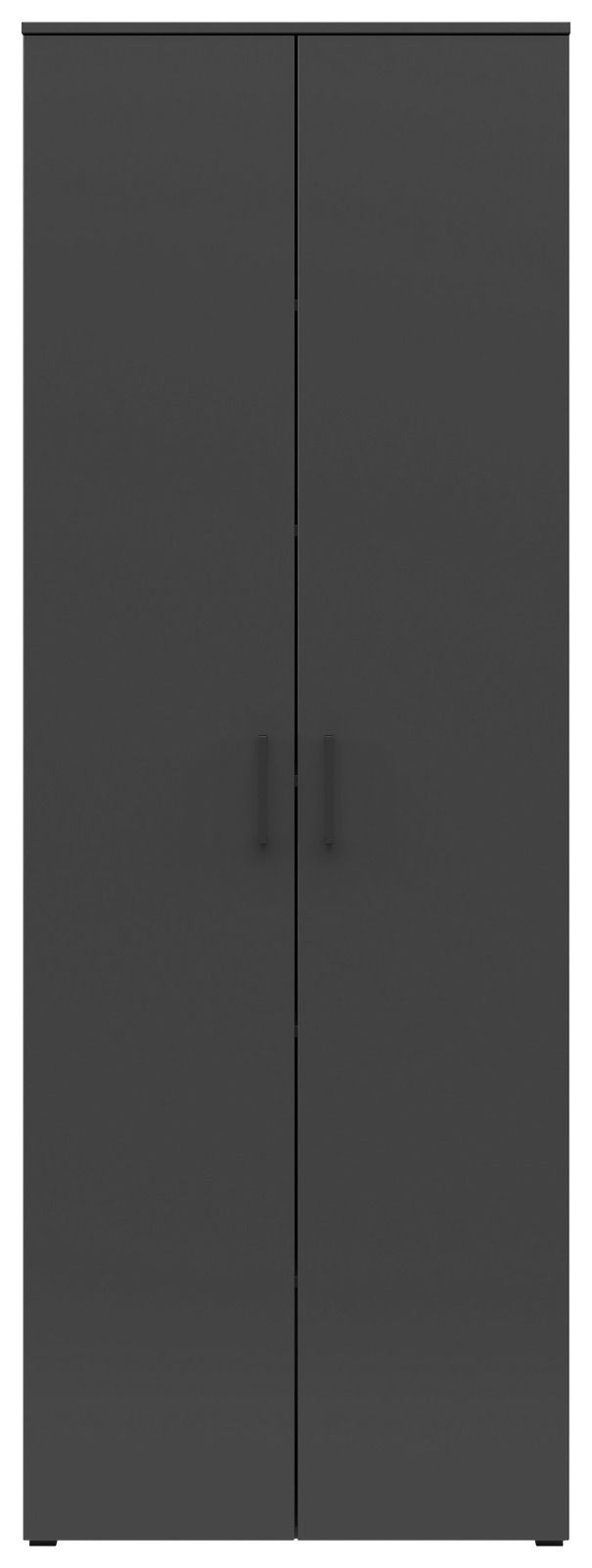 Frontansicht eines schwarzen Mehrzweckschranks mit zwei Türen und schlichten Griffen.