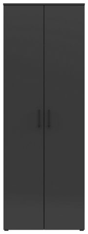 Frontansicht eines schwarzen Mehrzweckschranks mit zwei Türen und schlichten Griffen.