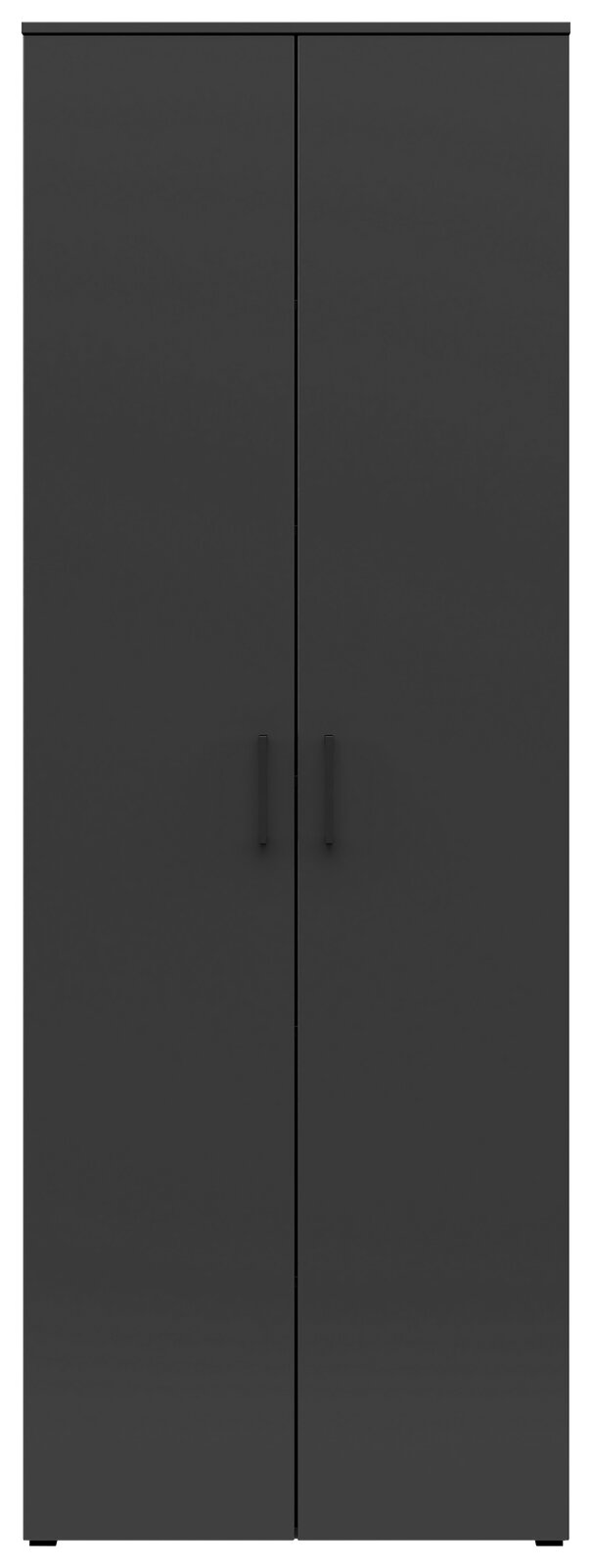 Frontansicht eines schwarzen Mehrzweckschranks mit zwei Türen und schlichten Griffen.