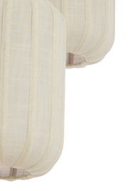 Nahaufnahme einer Hängeleuchte mit hellem Stoffbezug und strukturierter Oberfläche