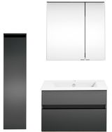 Moderne Badkombination mit grauem Hochschrank, Waschbeckenunterschrank und Spiegelschrank, Frontalansicht