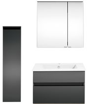 Moderne Badkombination mit grauem Hochschrank, Waschbeckenunterschrank und Spiegelschrank, Frontalansicht