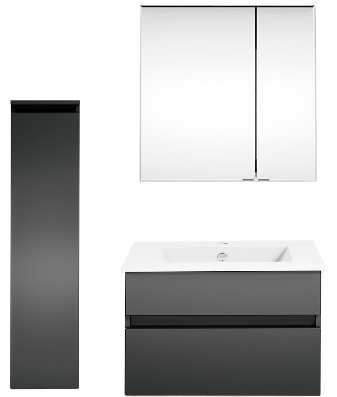 Moderne Badkombination mit grauem Hochschrank, Waschbeckenunterschrank und Spiegelschrank, Frontalansicht