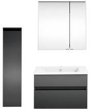 Moderne Badkombination mit grauem Hochschrank, Waschbeckenunterschrank und Spiegelschrank, Frontalansicht