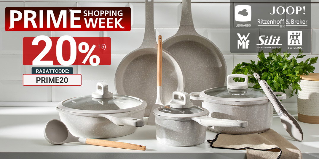 Graues Kochgeschirr und Küchenhelfer auf einer Arbeitsplatte, beworben zur Prime Shopping Week.