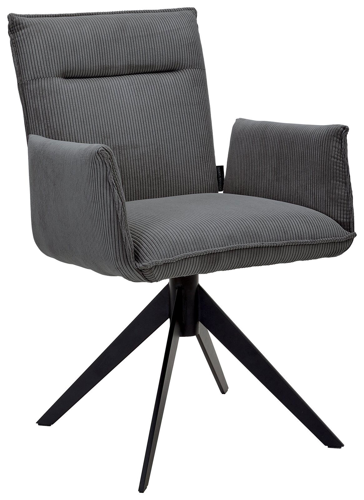 Grauer Armlehnstuhl mit modernem Design, seitliche Perspektive