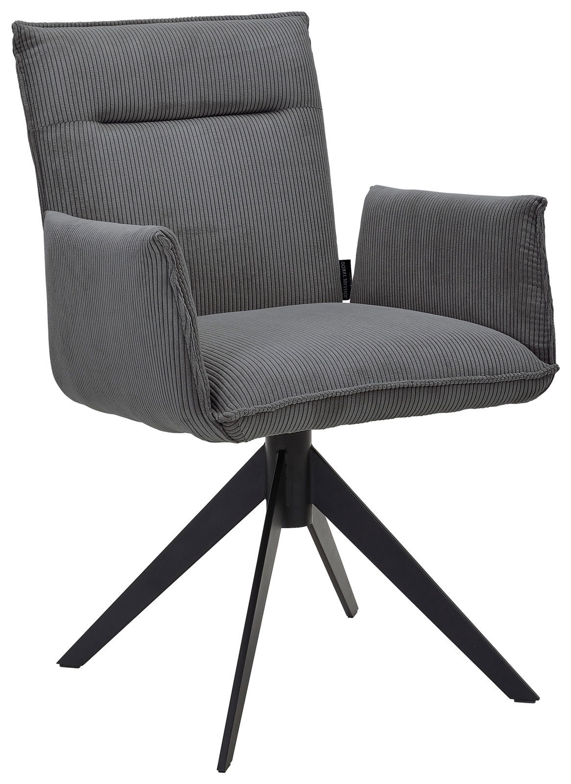 Grauer Armlehnstuhl mit modernem Design, seitliche Perspektive