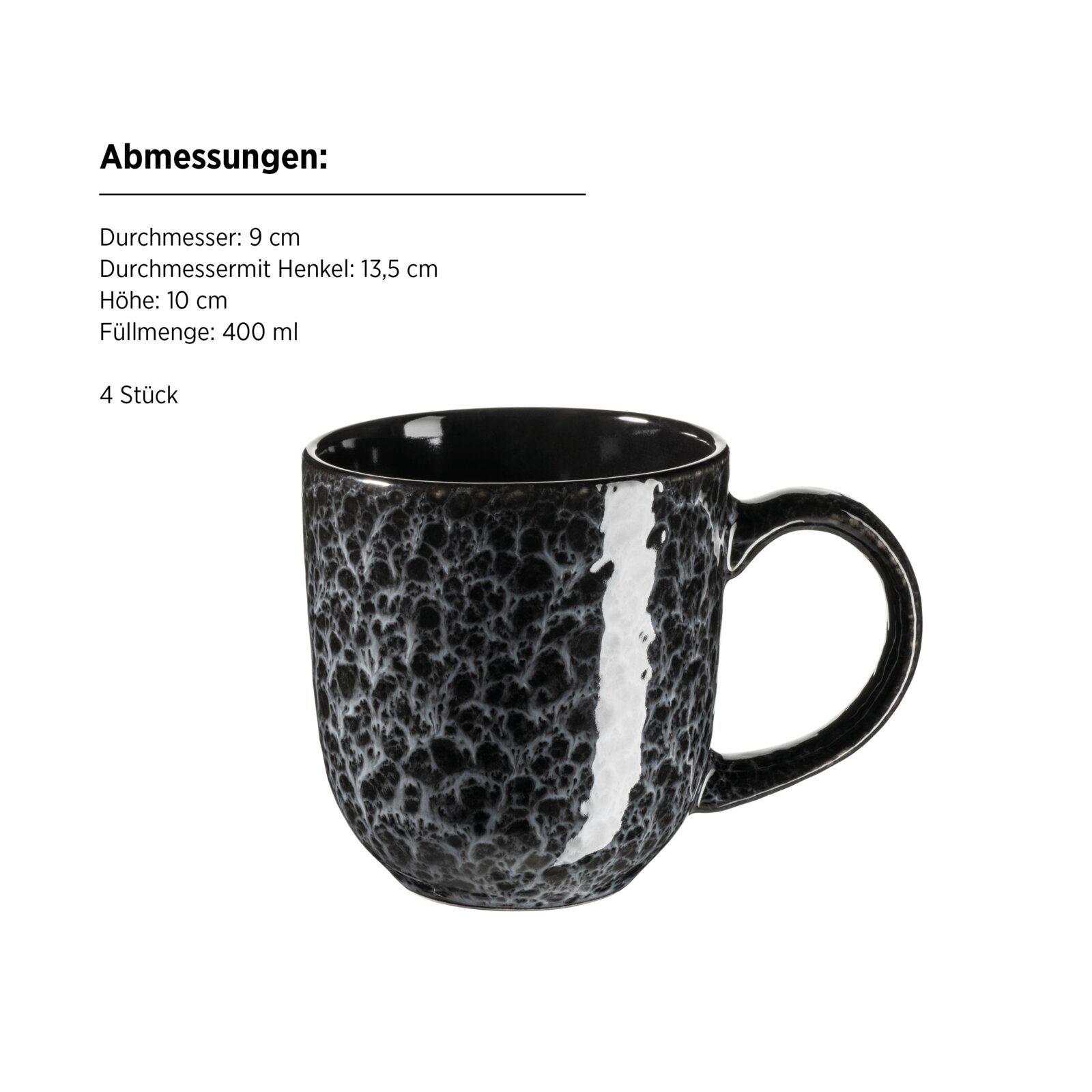 Schwarze, glänzende Keramik-Kaffeetasse mit grauer marmorierter Struktur und Henkel, freigestellt auf weißem Hintergrund, Ansicht schräg von vorne (Henkel rechts).