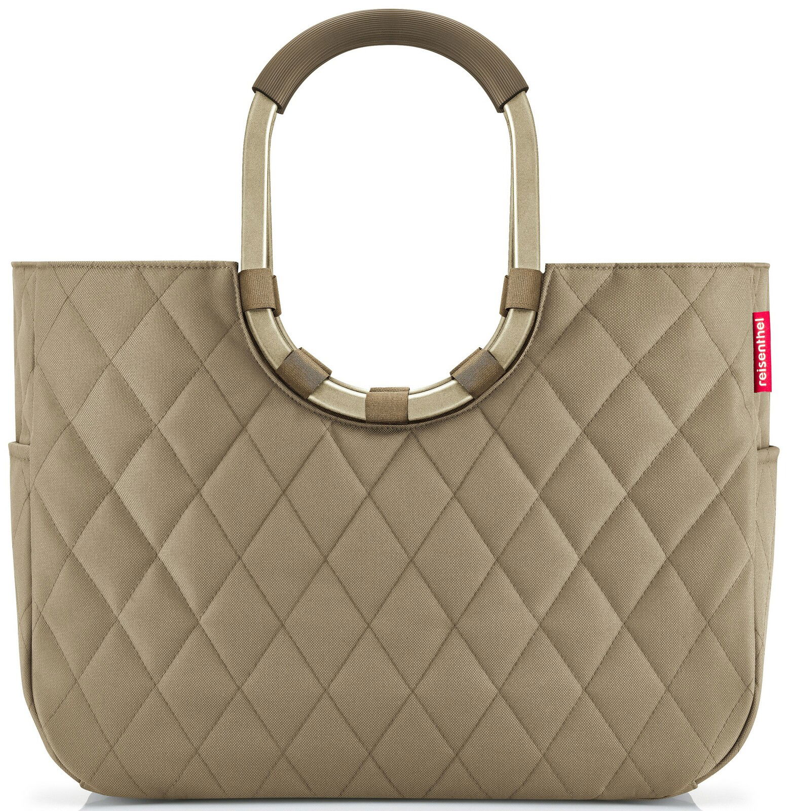 Beige Tasche mit gestepptem Muster und ovalen Griffen, Vorderansicht