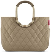 Beige tas met doorgestikt patroon en ovale handvatten, vooraanzicht