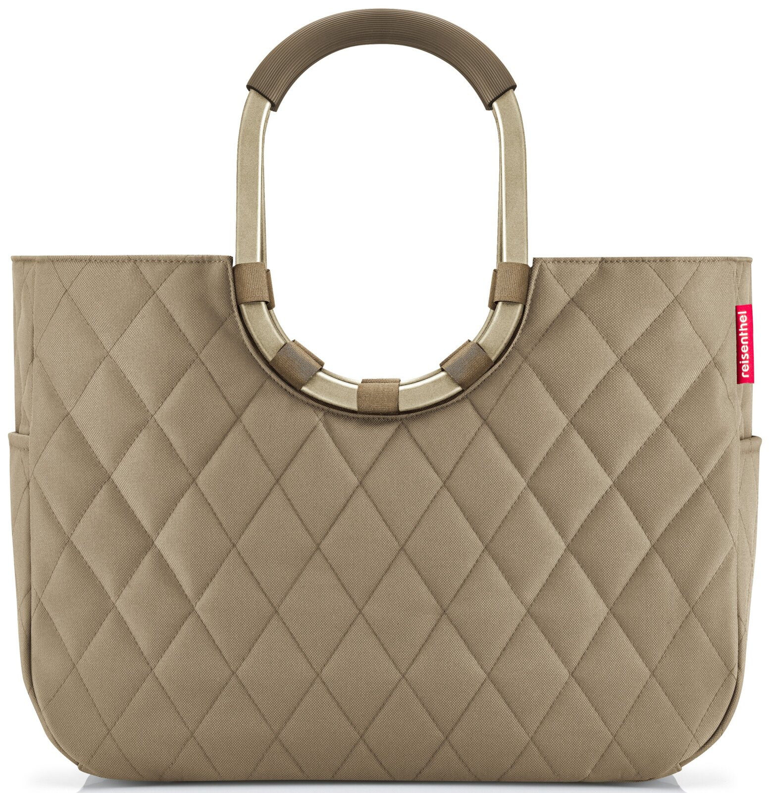 Beige tas met doorgestikt patroon en ovale handvatten, vooraanzicht