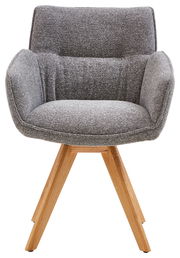 Grauer Armlehnstuhl mit Holzbeinen, Frontalansicht