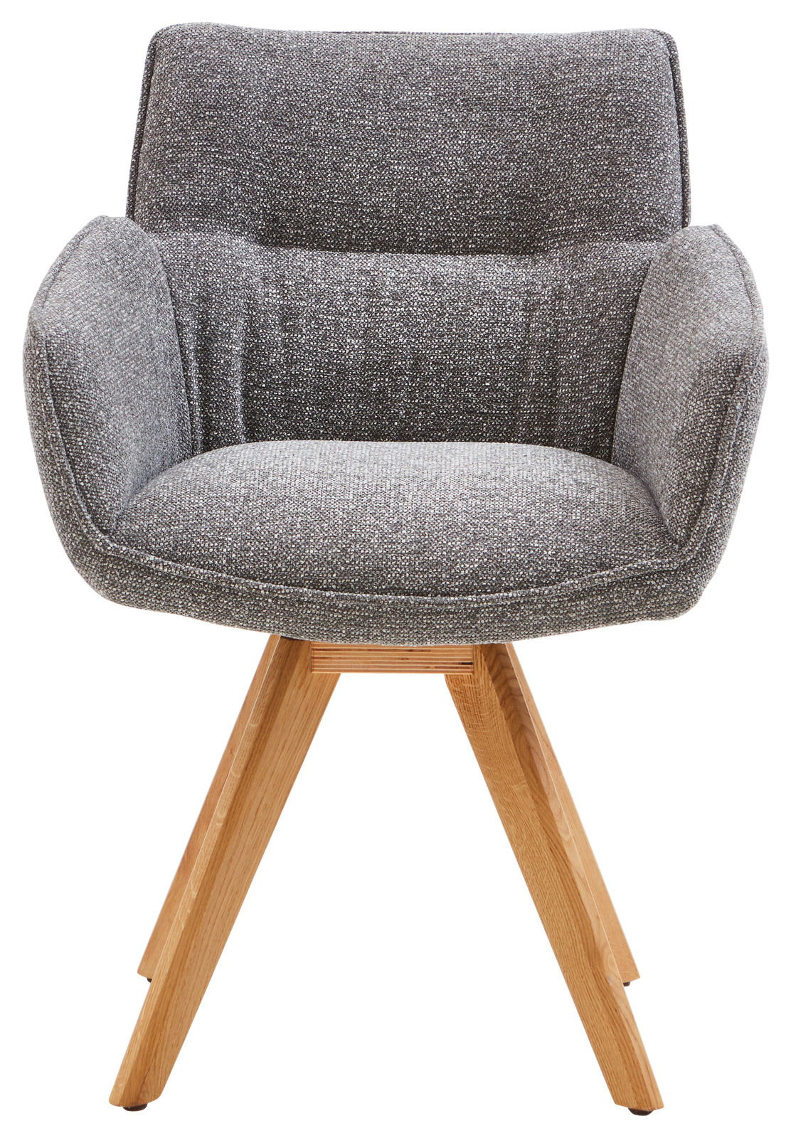 Grauer Armlehnstuhl mit Holzbeinen, Frontalansicht