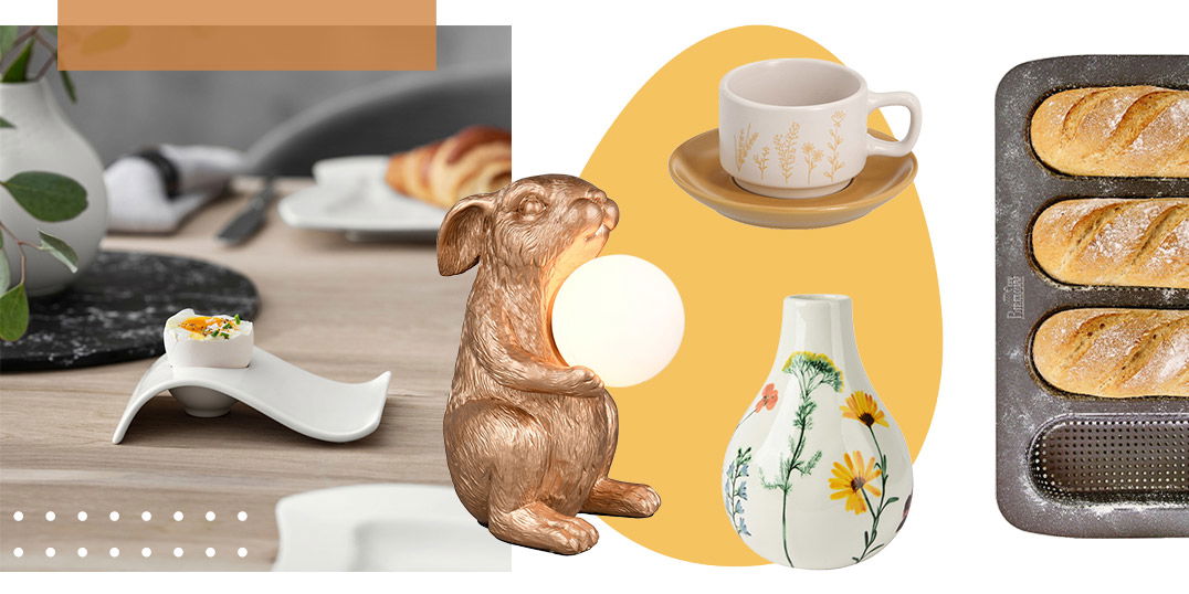 Osterküche mit Eierbecher, Hasen-Eierhalter, Tasse, Blumen-Vase und Backform mit frisch gebackenem Brot