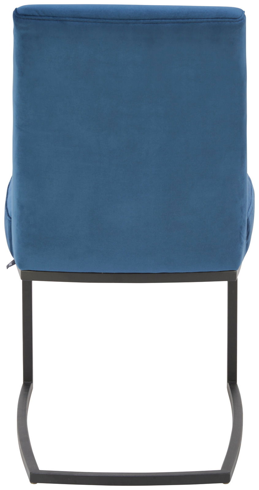 Rückansicht eines blauen Freischwinger-Stuhls mit schwarzem Metallgestell.